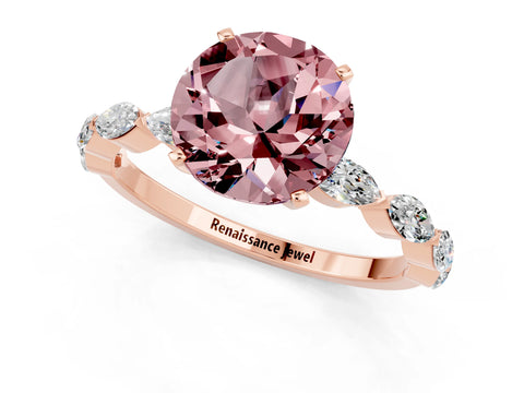 Rose gold Round Cut Morganite Ring with Marquise Side Stones and Prong Setting_1