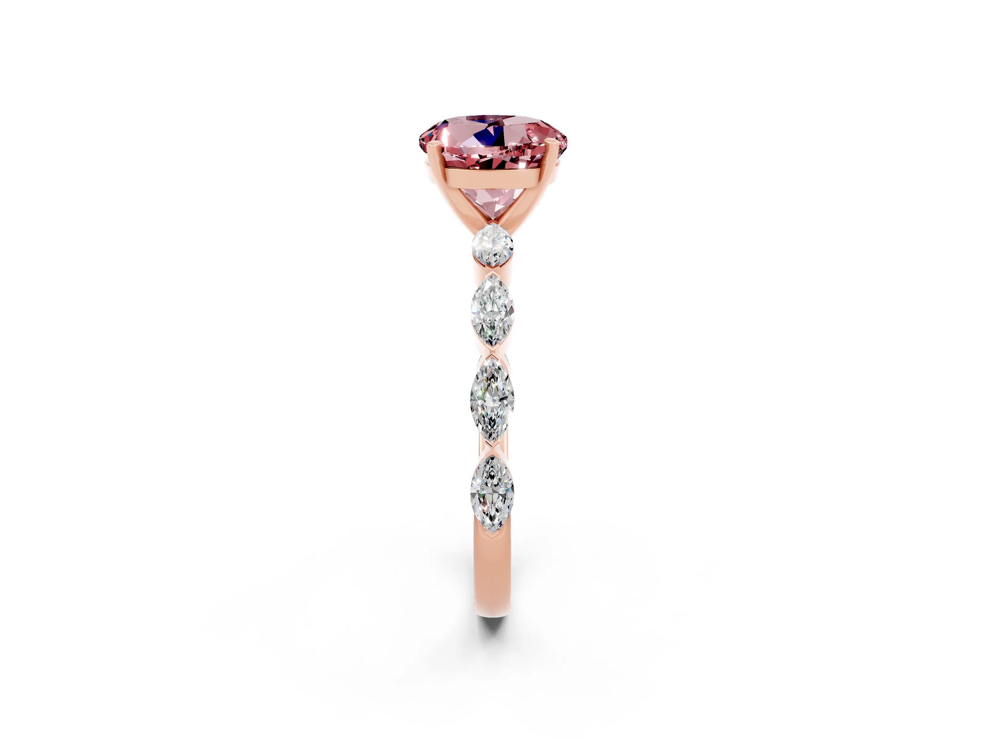 Rose gold Round Cut Morganite Ring with Marquise Side Stones and Prong Setting_2