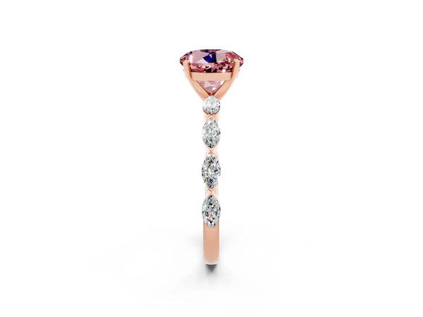 Rose gold Round Cut Morganite Ring with Marquise Side Stones and Prong Setting