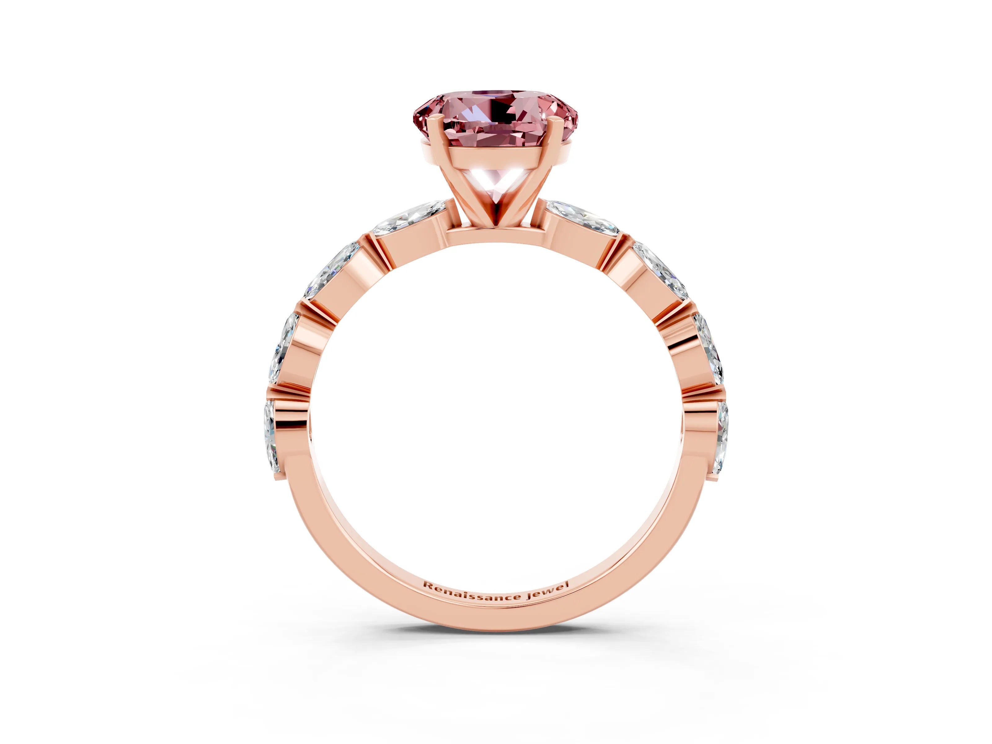 Rose gold Round Cut Morganite Ring with Marquise Side Stones and Prong Setting_3