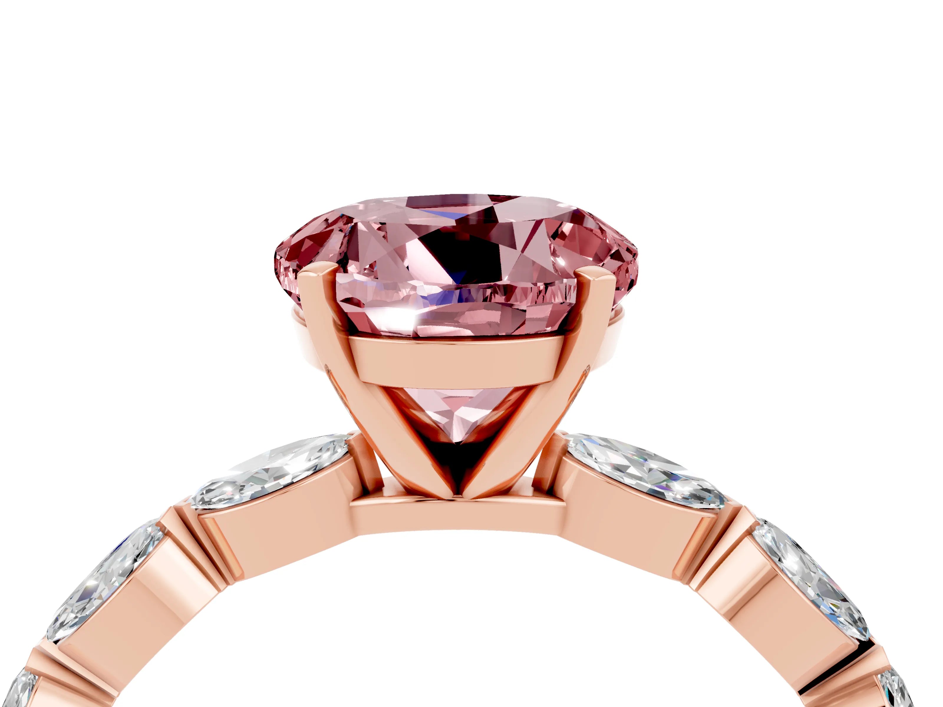 Rose gold Round Cut Morganite Ring with Marquise Side Stones and Prong Setting_4