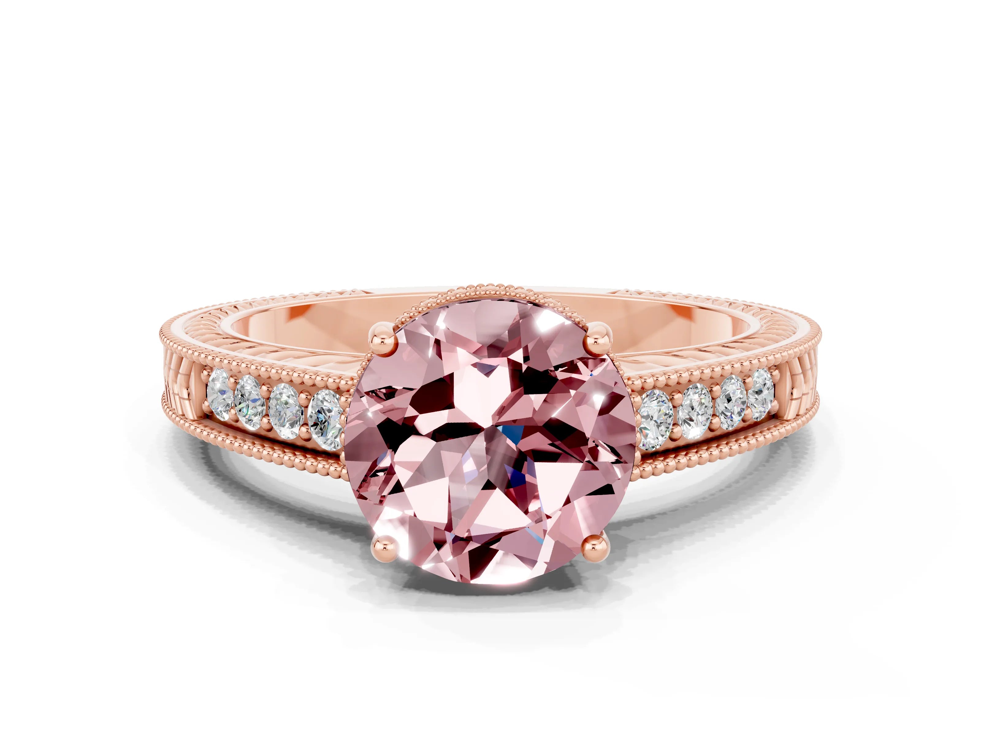 Rose gold Round Cut Morganite Ring with Milgrain Pavé Band and Four-Prong Setting_12