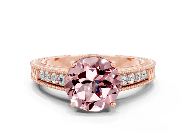 Rose gold Round Cut Morganite Ring with Milgrain Pavé Band and Four-Prong Setting