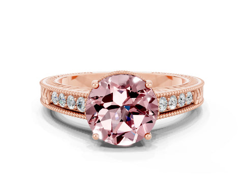 Rose gold Round Cut Morganite Ring with Milgrain Pavé Band and Four-Prong Setting_12