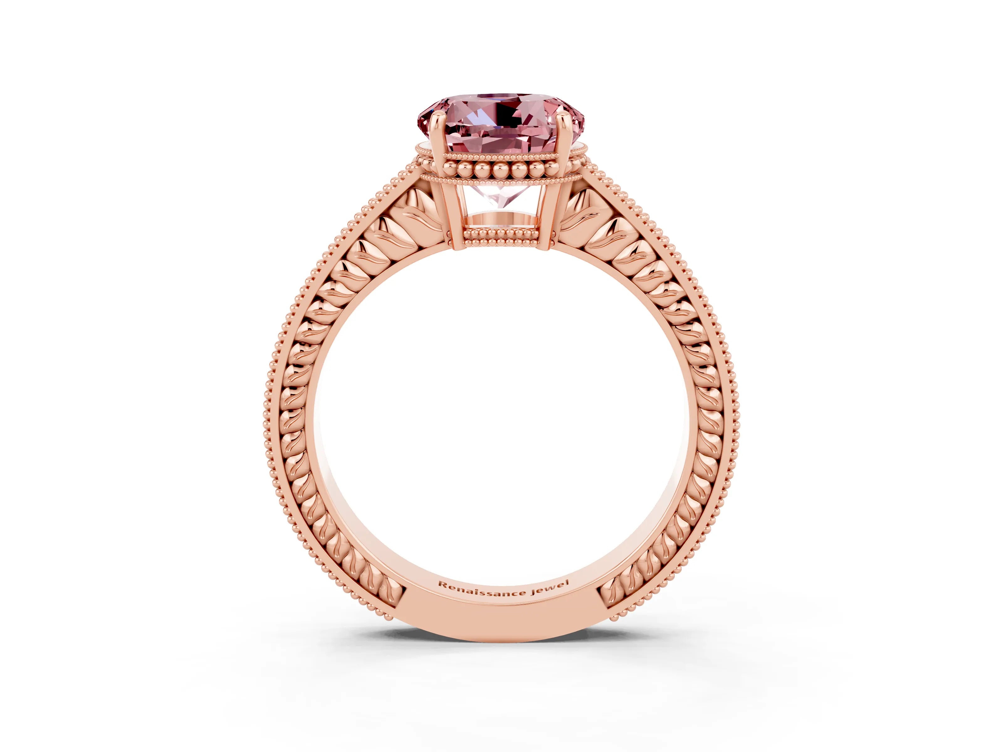 Rose gold Round Cut Morganite Ring with Milgrain Pavé Band and Four-Prong Setting_15