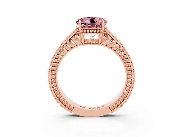 Rose gold Round Cut Morganite Ring with Milgrain Pavé Band and Four-Prong Setting