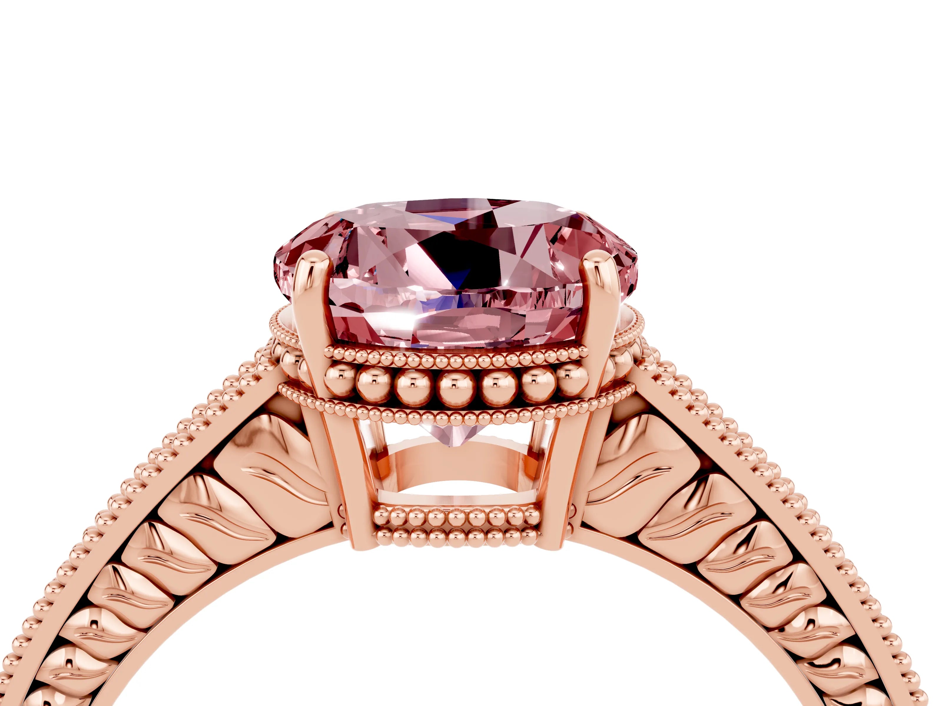 Rose gold Round Cut Morganite Ring with Milgrain Pavé Band and Four-Prong Setting_16