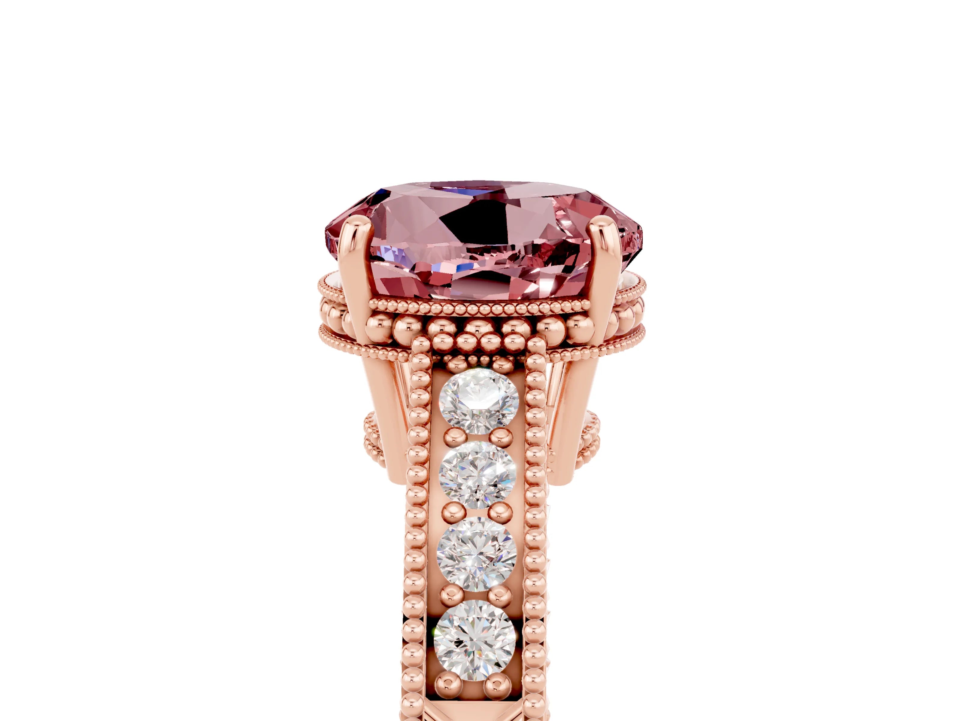 Rose gold Round Cut Morganite Ring with Milgrain Pavé Band and Four-Prong Setting_17