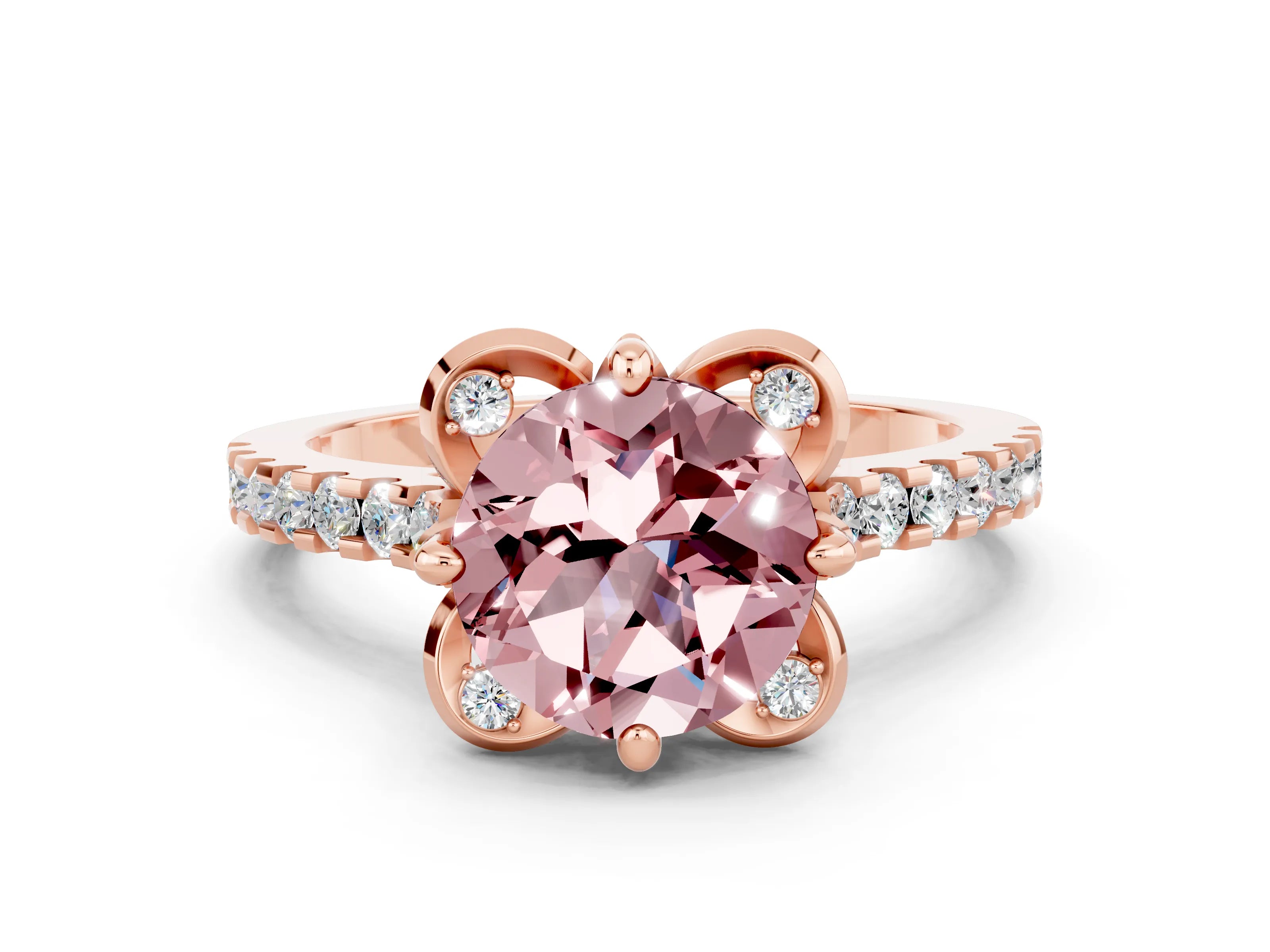 Rose gold Round Cut Morganite Ring with Pavé Band and Floral Prong Setting