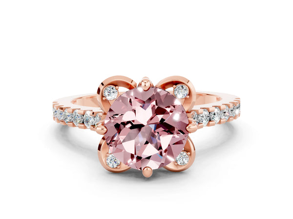Rose gold Round Cut Morganite Ring with Pavé Band and Floral Prong Setting
