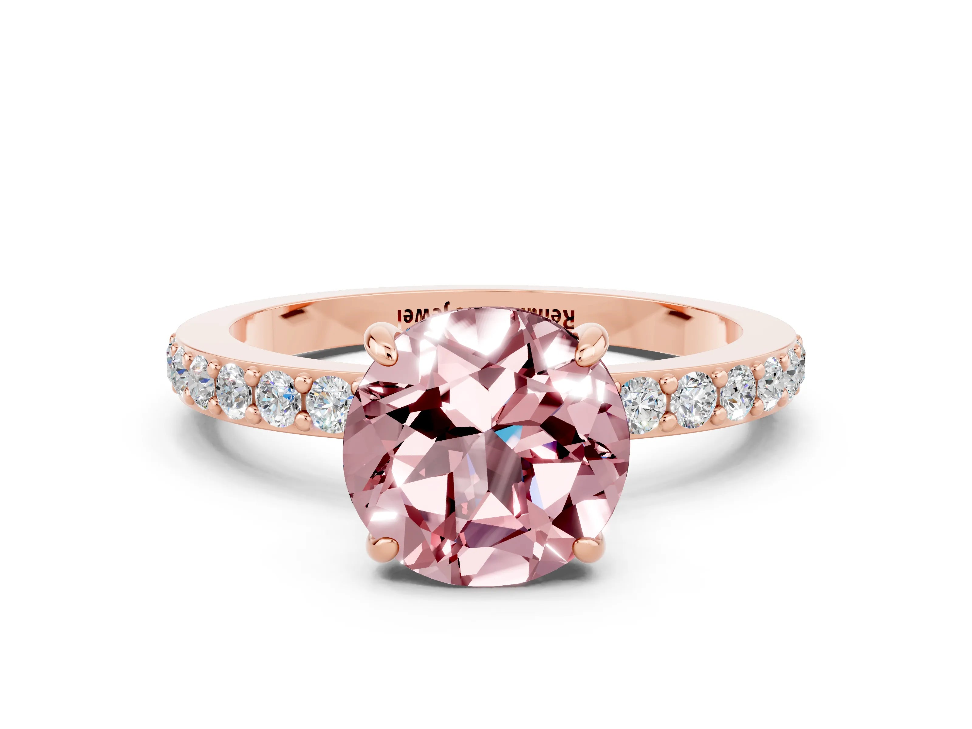 Rose gold Round Cut Morganite Ring with Pavé Band and Four-Prong Setting