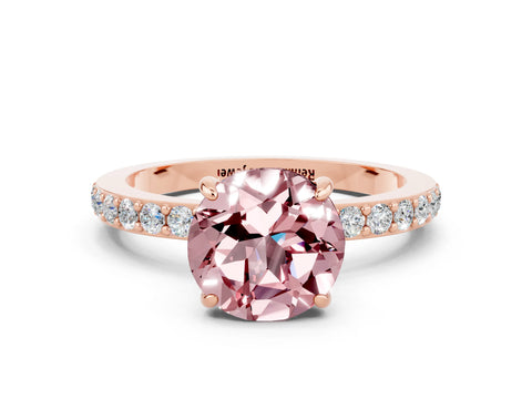 Rose gold Round Cut Morganite Ring with Pavé Band and Four-Prong Setting