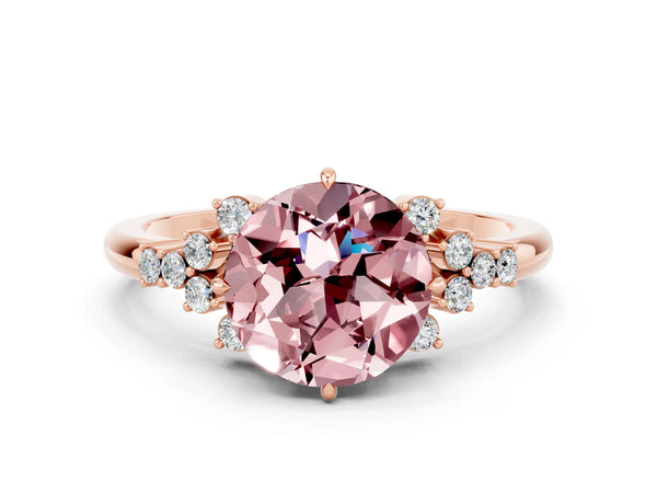 Rose gold Round Cut Morganite Ring with Side Stones and Four-Prong Setting