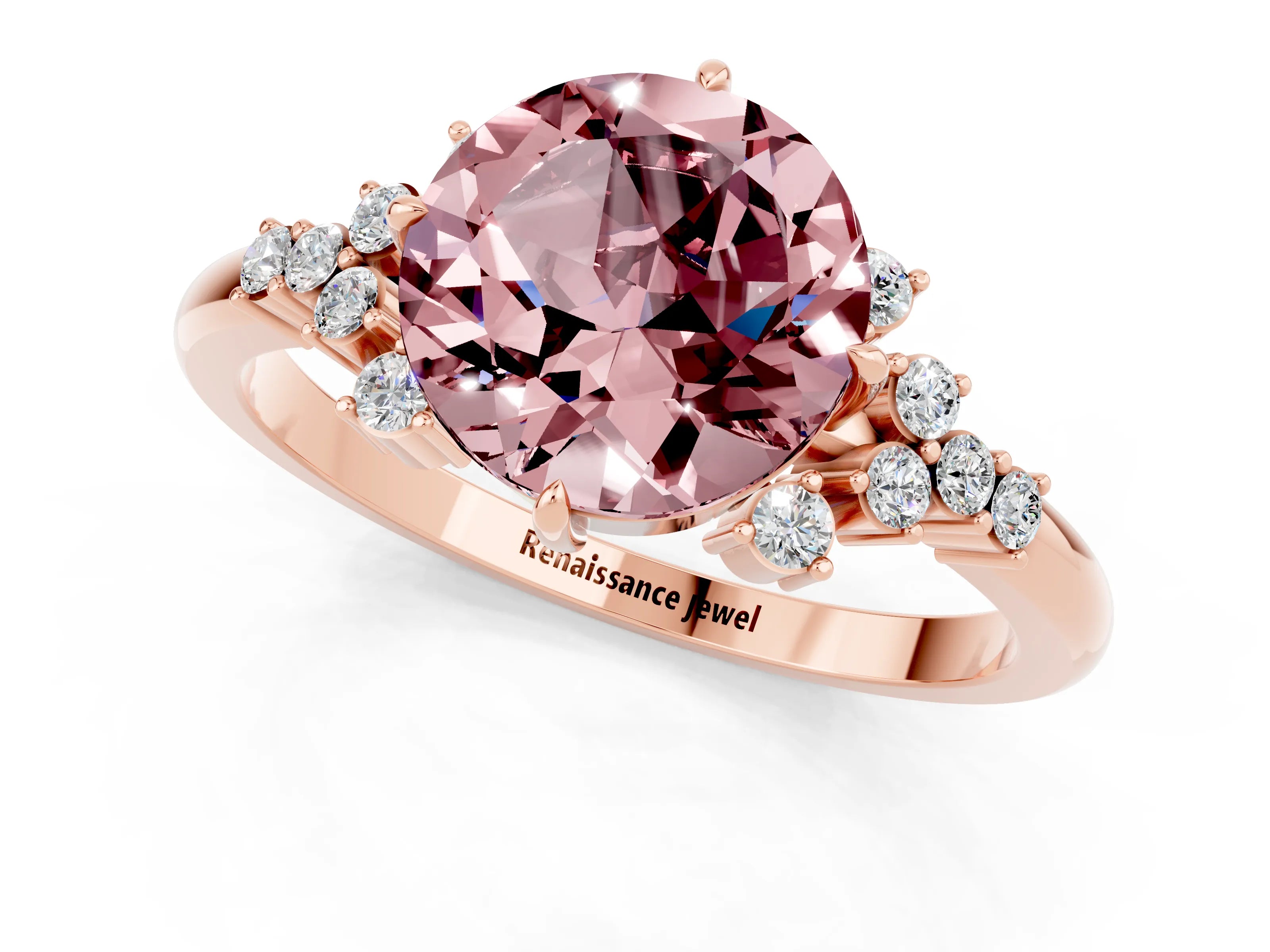 Rose gold Round Cut Morganite Ring with Side Stones and Four-Prong Setting_37
