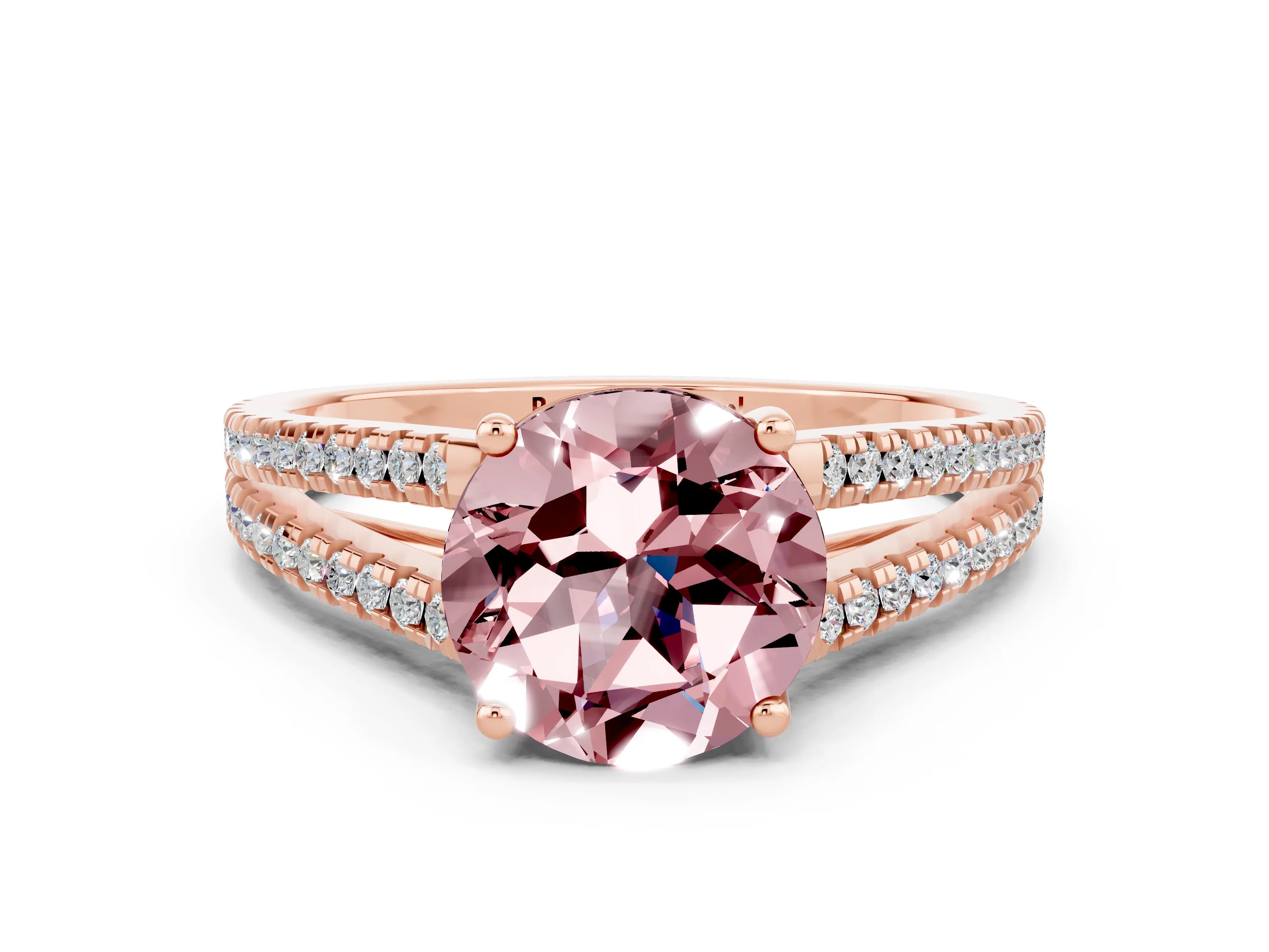 Rose gold Round Cut Morganite Solitaire Engagement Ring with Split Shank Pavé Band