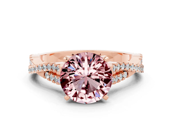 Rose gold Round Cut Morganite Solitaire Engagement Ring with Twisted Pavé Band and Four-Prong Setting