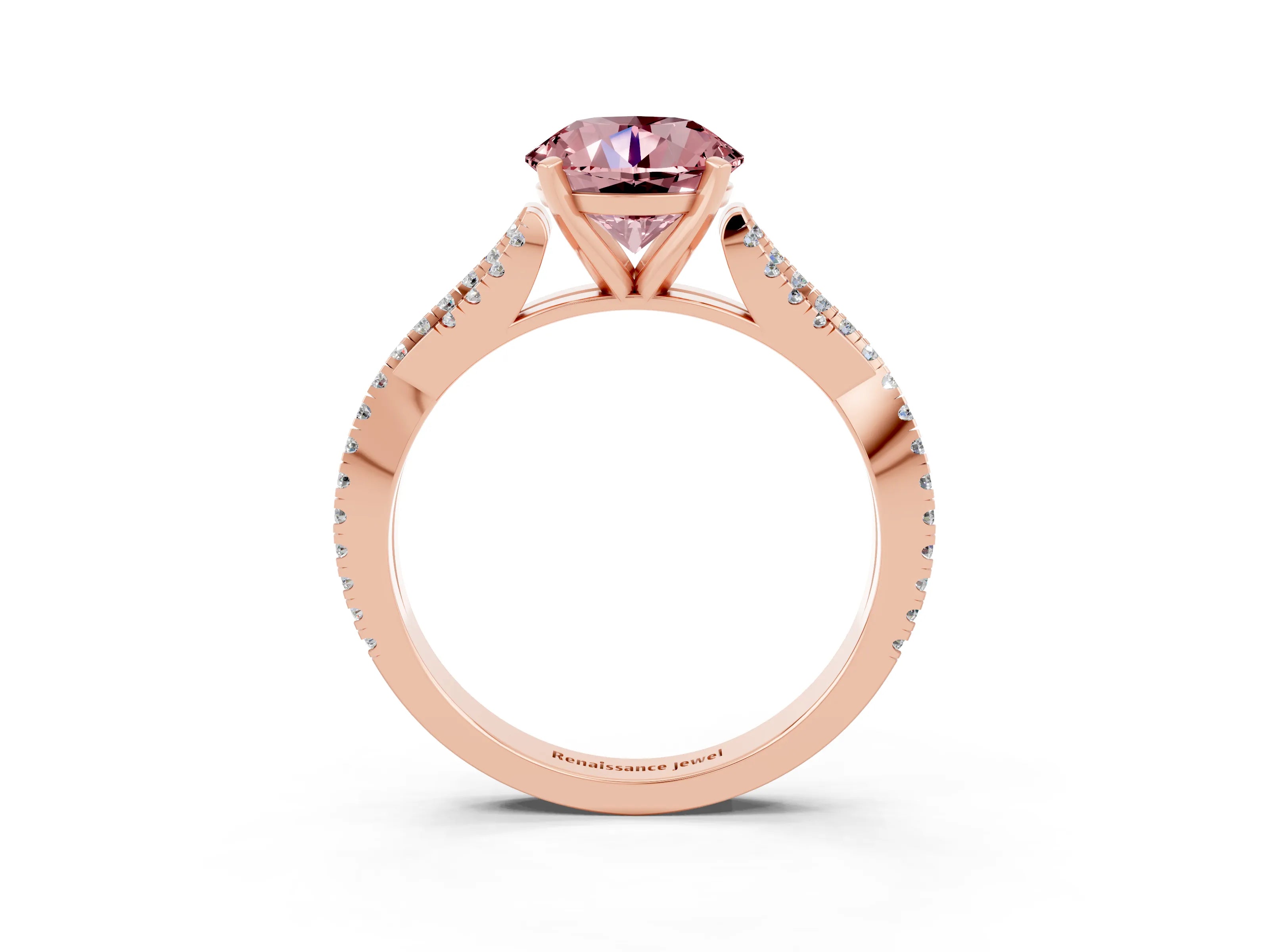 Rose gold Round Cut Morganite Solitaire Engagement Ring with Twisted Pavé Band and Four-Prong Setting_15