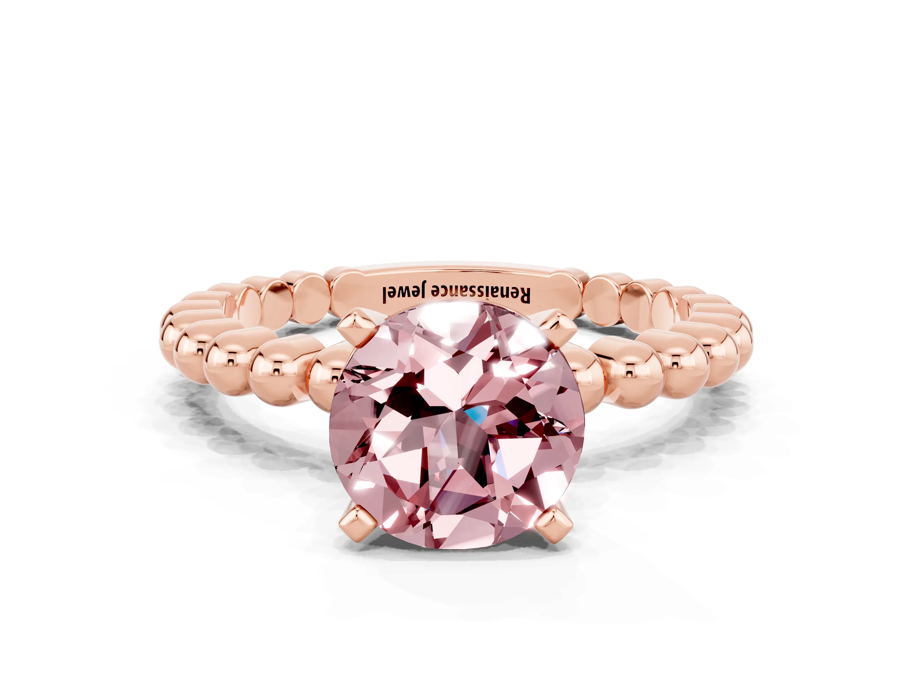 Rose gold Round Cut Morganite Solitaire Ring with Beaded Band and Prong Setting