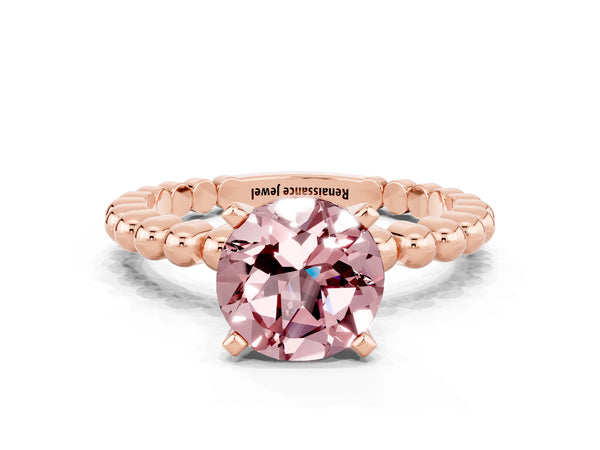 Rose gold Round Cut Morganite Solitaire Ring with Beaded Band and Prong Setting