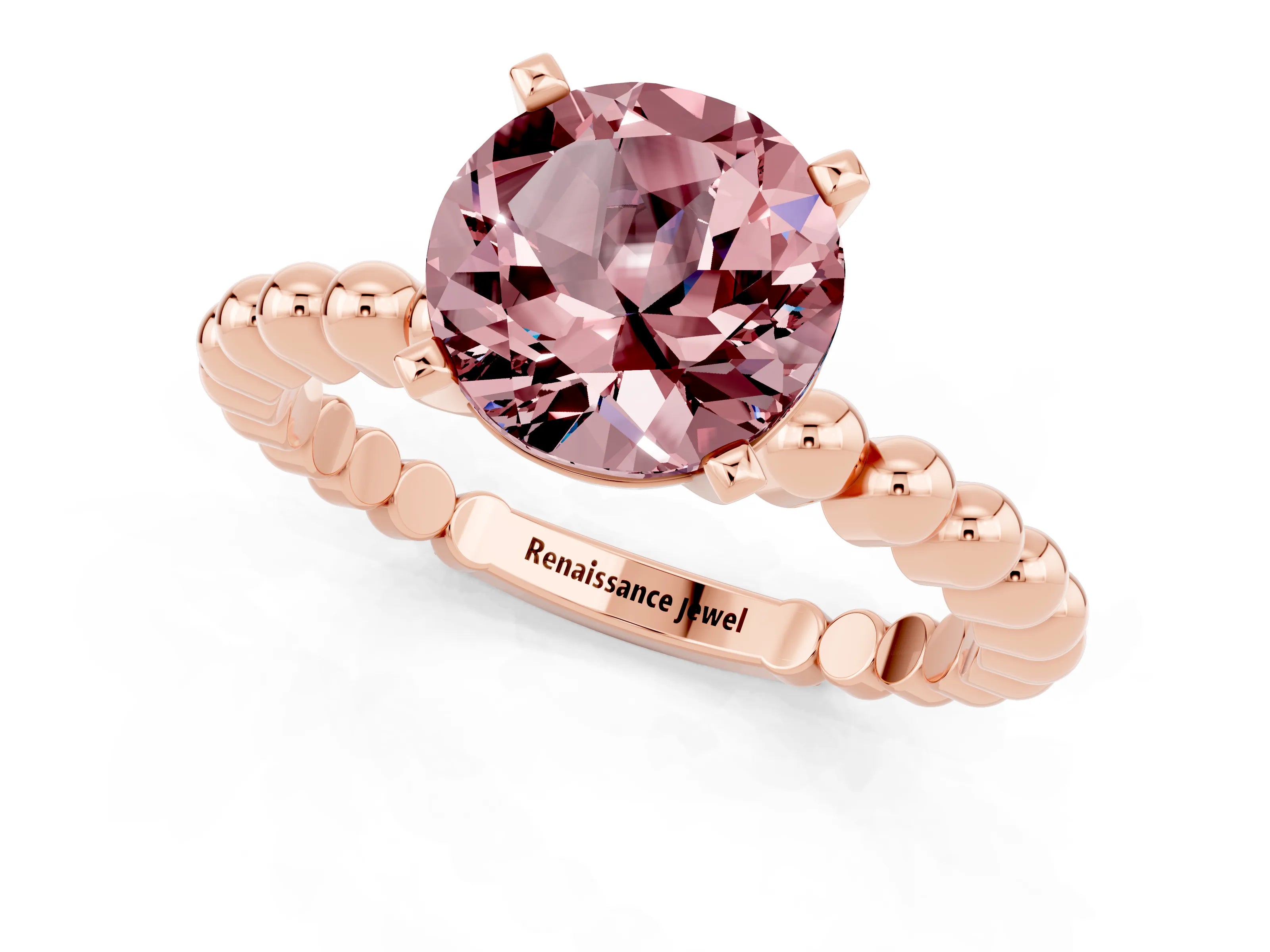 Rose gold Round Cut Morganite Solitaire Ring with Beaded Band and Prong Setting_1