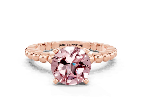 Rose gold Round Cut Morganite Solitaire Ring with Beaded Band and Prong Setting
