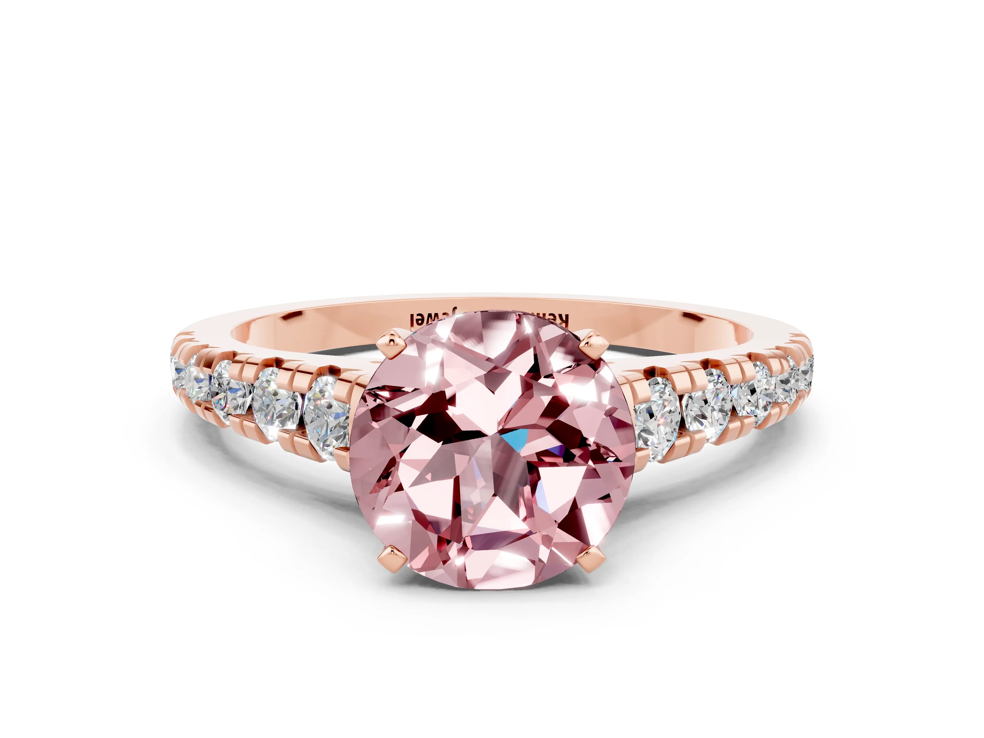 Rose gold Round Cut Morganite Solitaire Ring with Cathedral Setting and Pavé Band