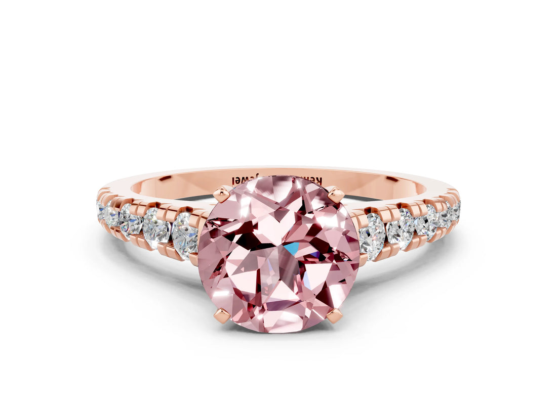 Rose gold Round Cut Morganite Solitaire Ring with Cathedral Setting and Pavé Band