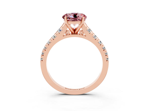 Rose gold Round Cut Morganite Cathedral Solitaire Ring with Round  Pavé Band