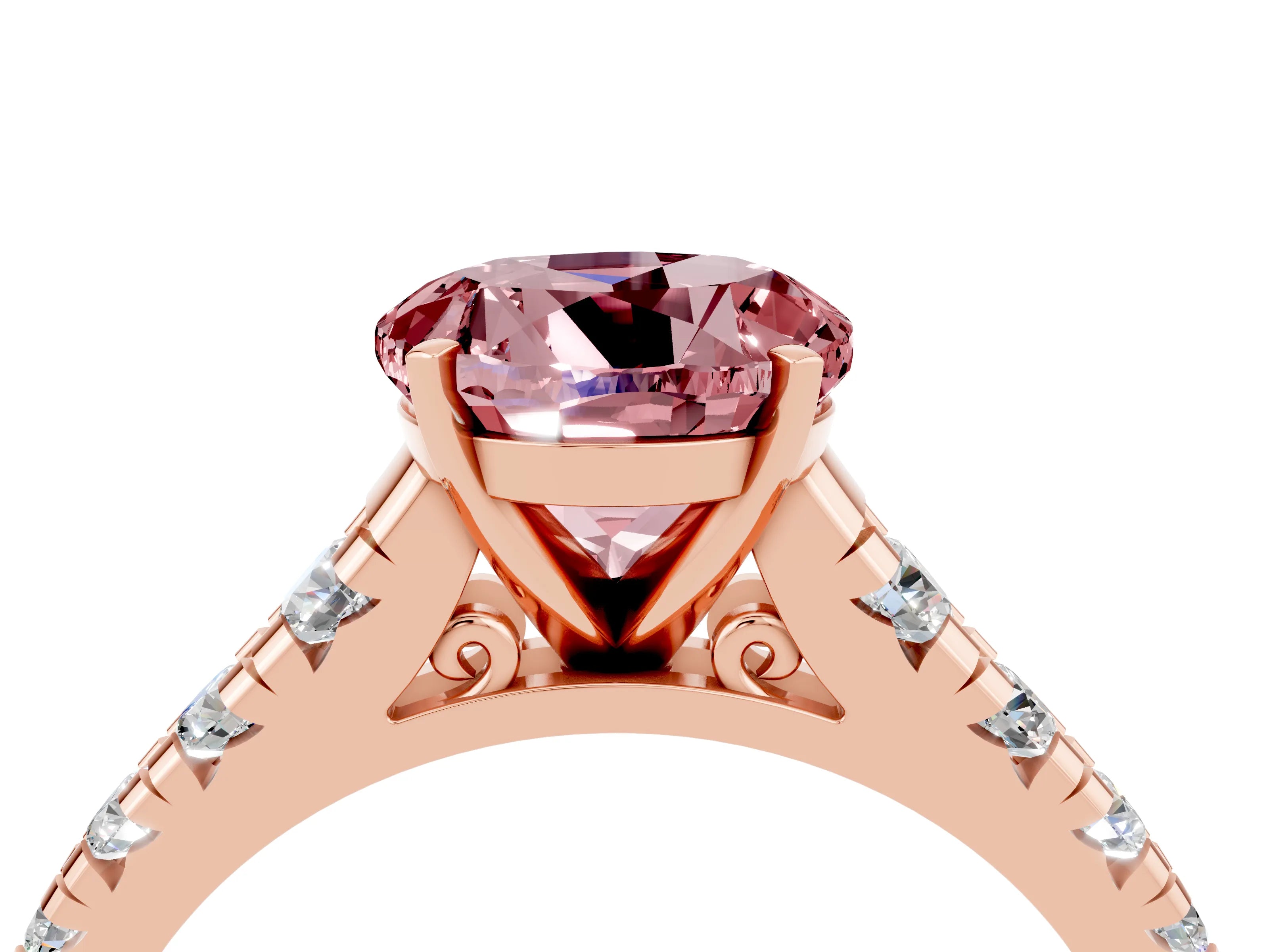 Rose gold Round Cut Morganite Solitaire Ring with Cathedral Setting and Pavé Band_4