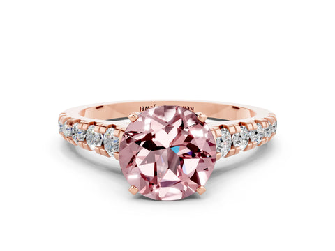 Rose gold Round Cut Morganite Solitaire Ring with Cathedral Setting and Pavé Band