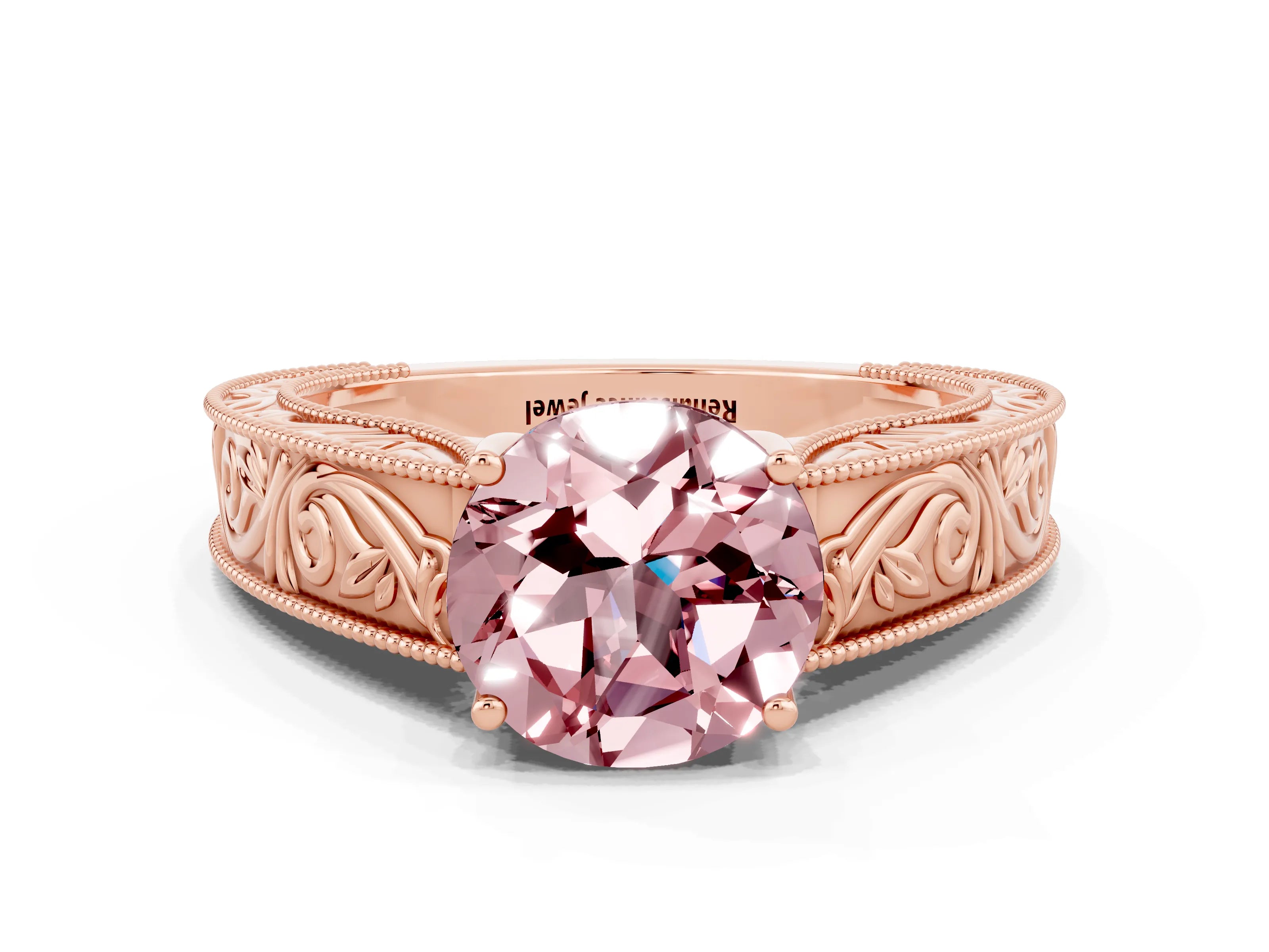 Rose gold Round Cut Morganite Solitaire Ring with Engraved Band and Four-Prong Setting