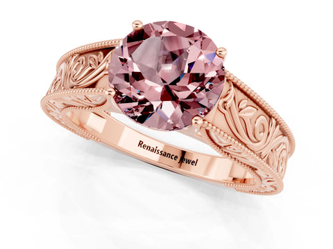 Rose gold Round Cut Morganite Solitaire Ring with Engraved Band and Four-Prong Setting_1