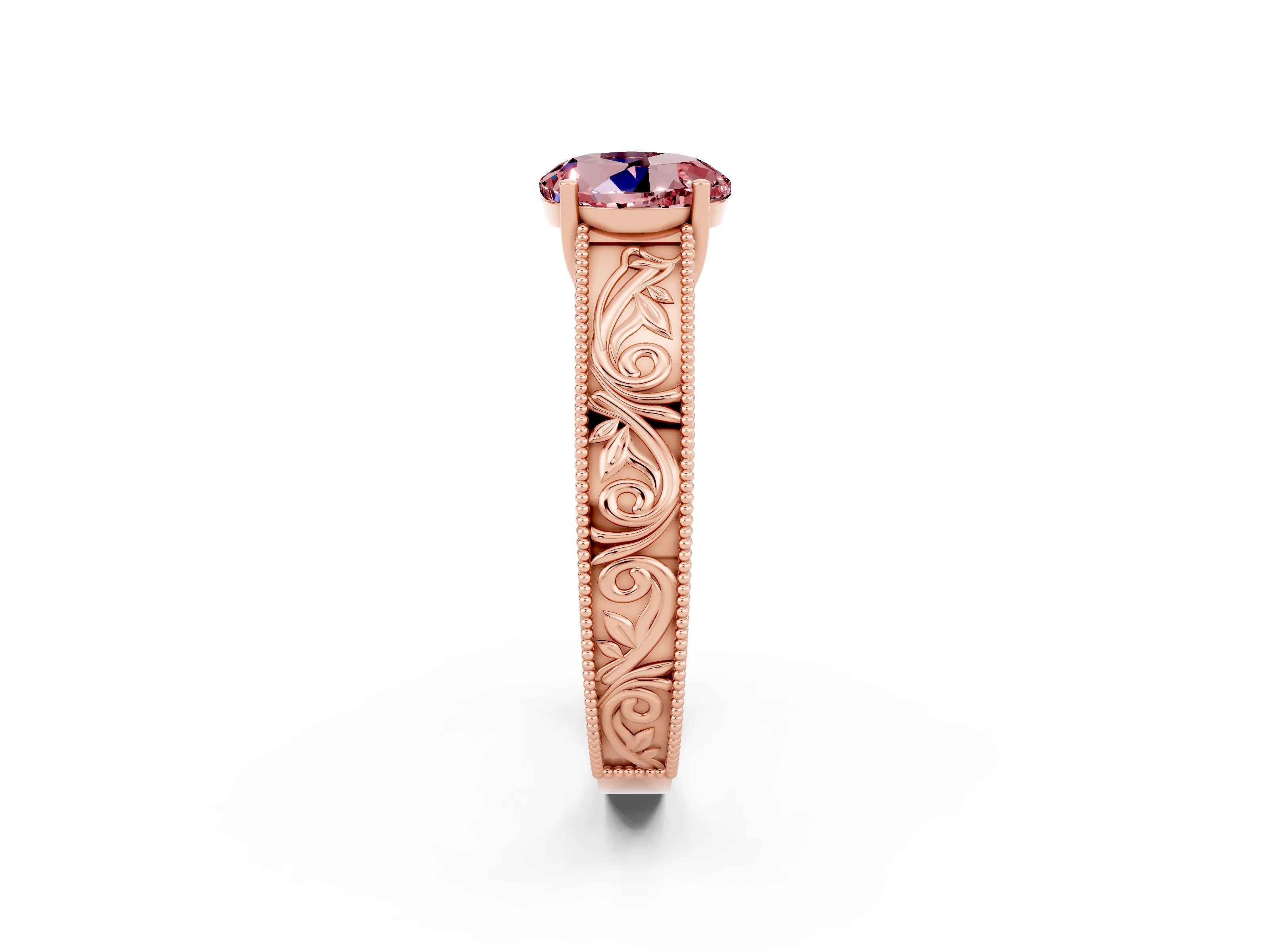 Rose gold Round Cut Morganite Solitaire Ring with Engraved Band and Four-Prong Setting_2