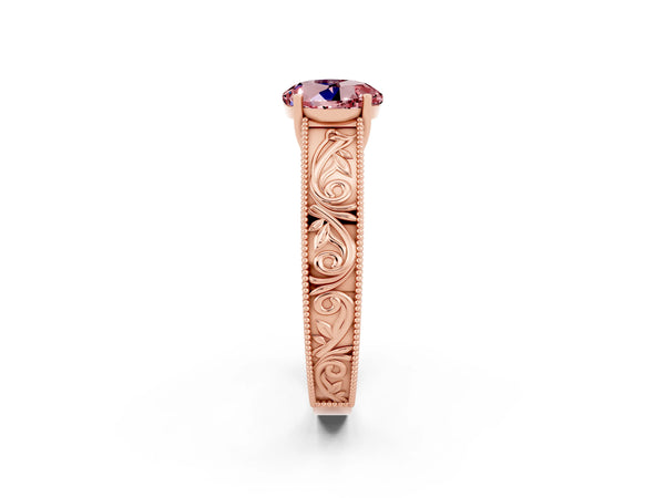 Rose gold Round Cut Morganite Solitaire Ring with Engraved Band and Four-Prong Setting