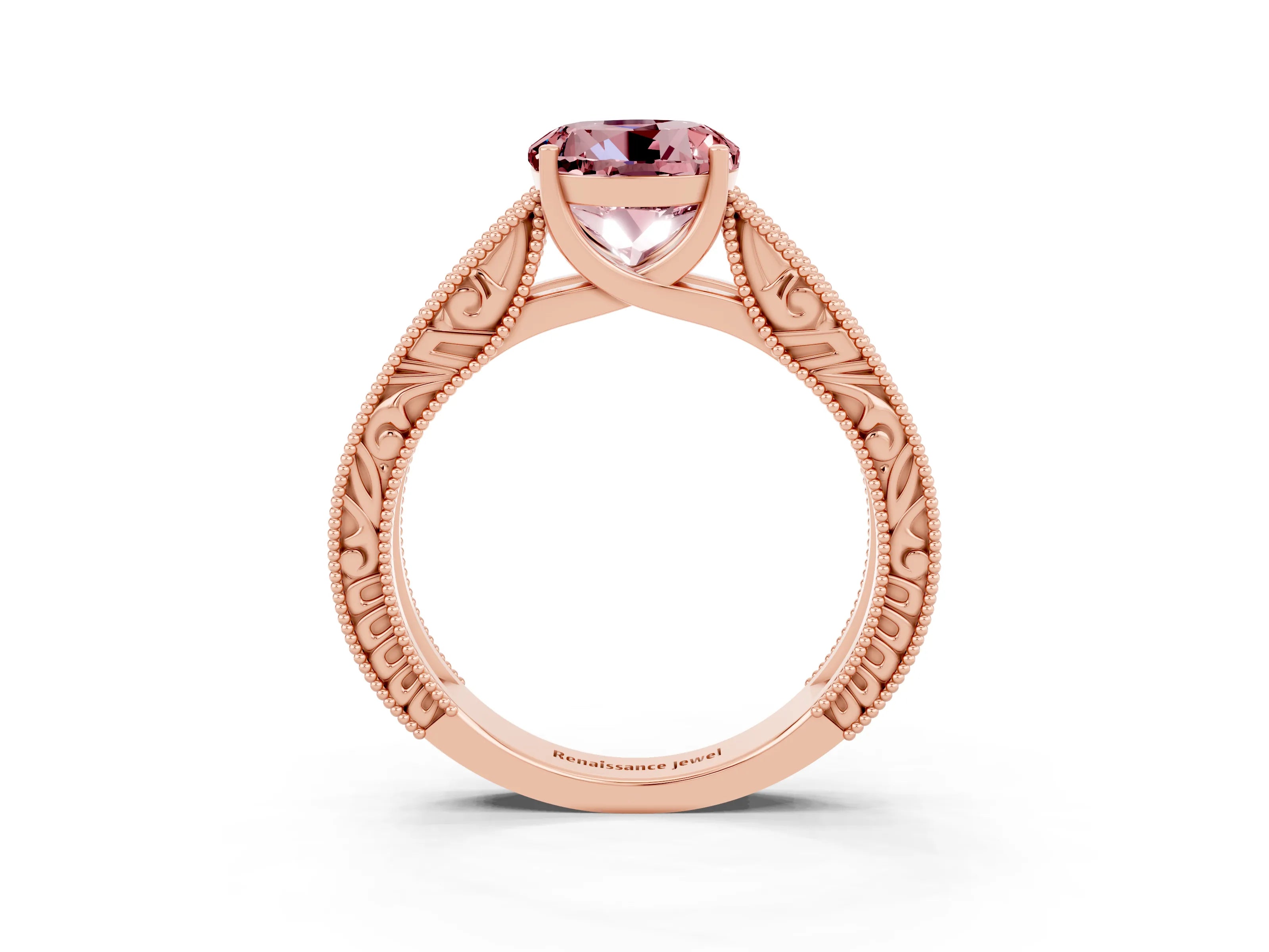Rose gold Round Cut Morganite Solitaire Ring with Engraved Band and Four-Prong Setting_3