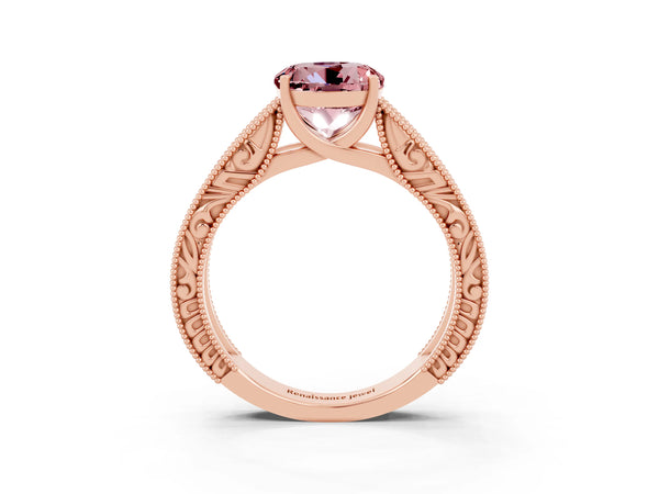 Rose gold Round Cut Morganite Solitaire Ring with Engraved Band and Four-Prong Setting