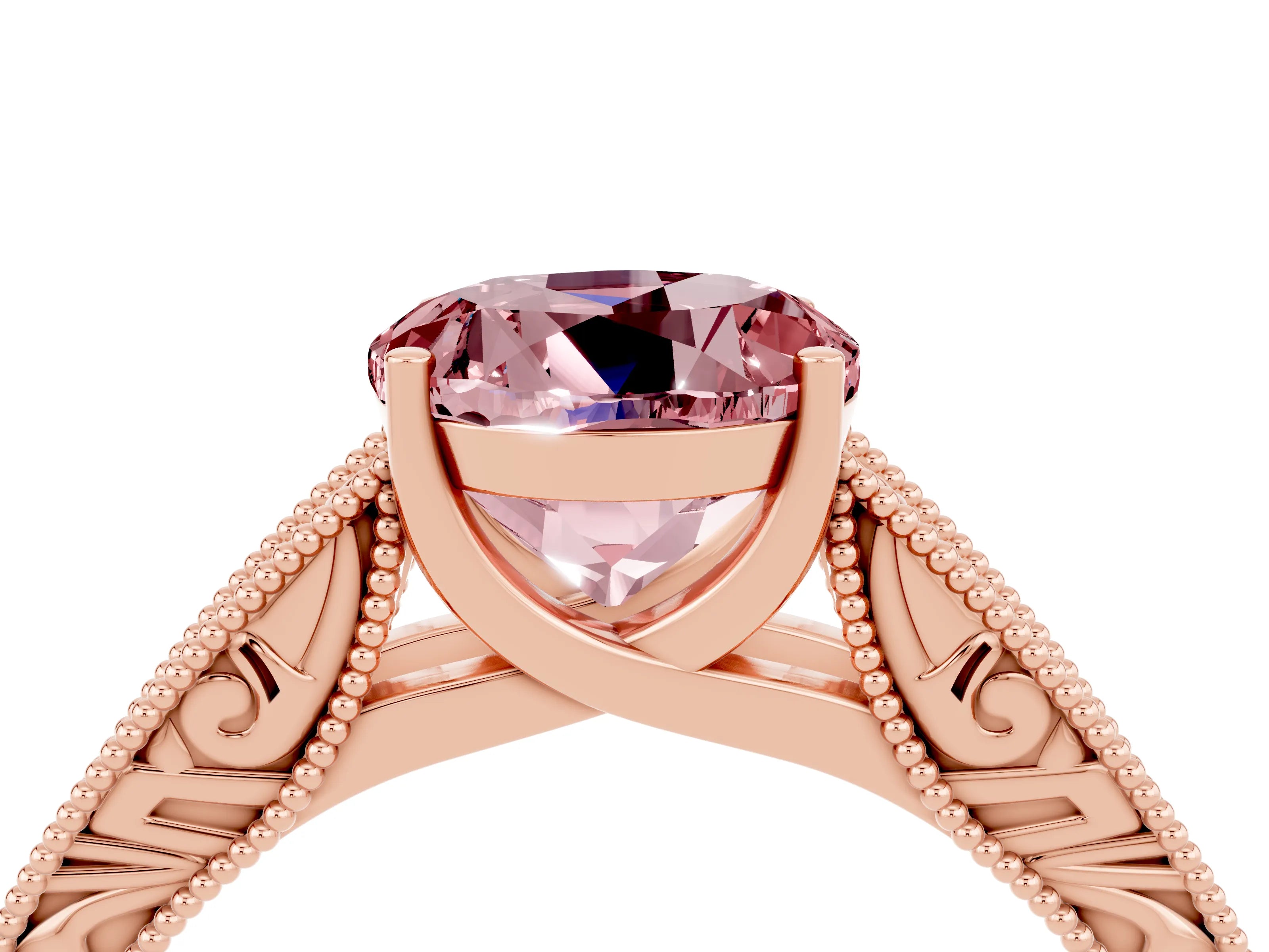Rose gold Round Cut Morganite Solitaire Ring with Engraved Band and Four-Prong Setting_4