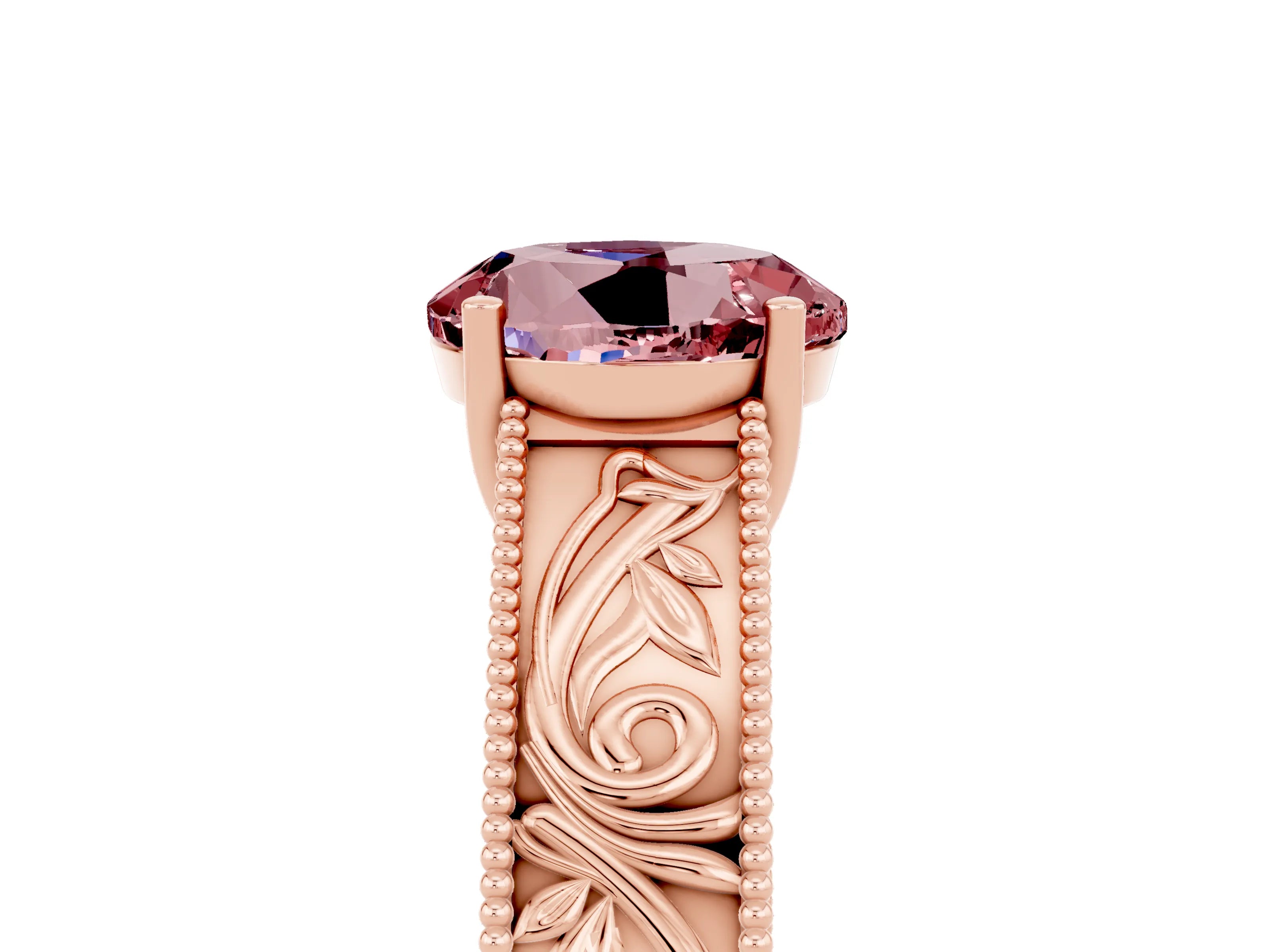 Rose gold Round Cut Morganite Solitaire Ring with Engraved Band and Four-Prong Setting_5