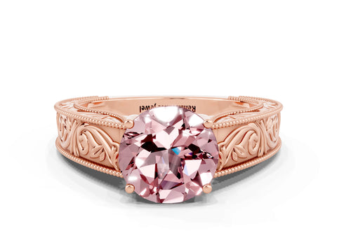 Rose gold Round Cut Morganite Solitaire Ring with Engraved Band and Four-Prong Setting