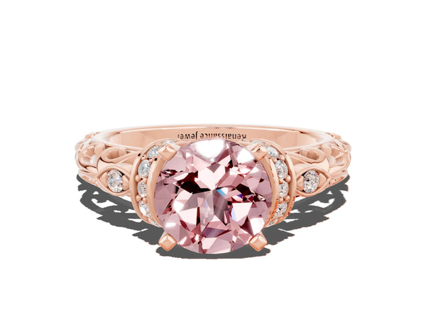 Rose gold Round Cut Morganite Solitaire Ring with Filigree Band and Four-Prong Setting
