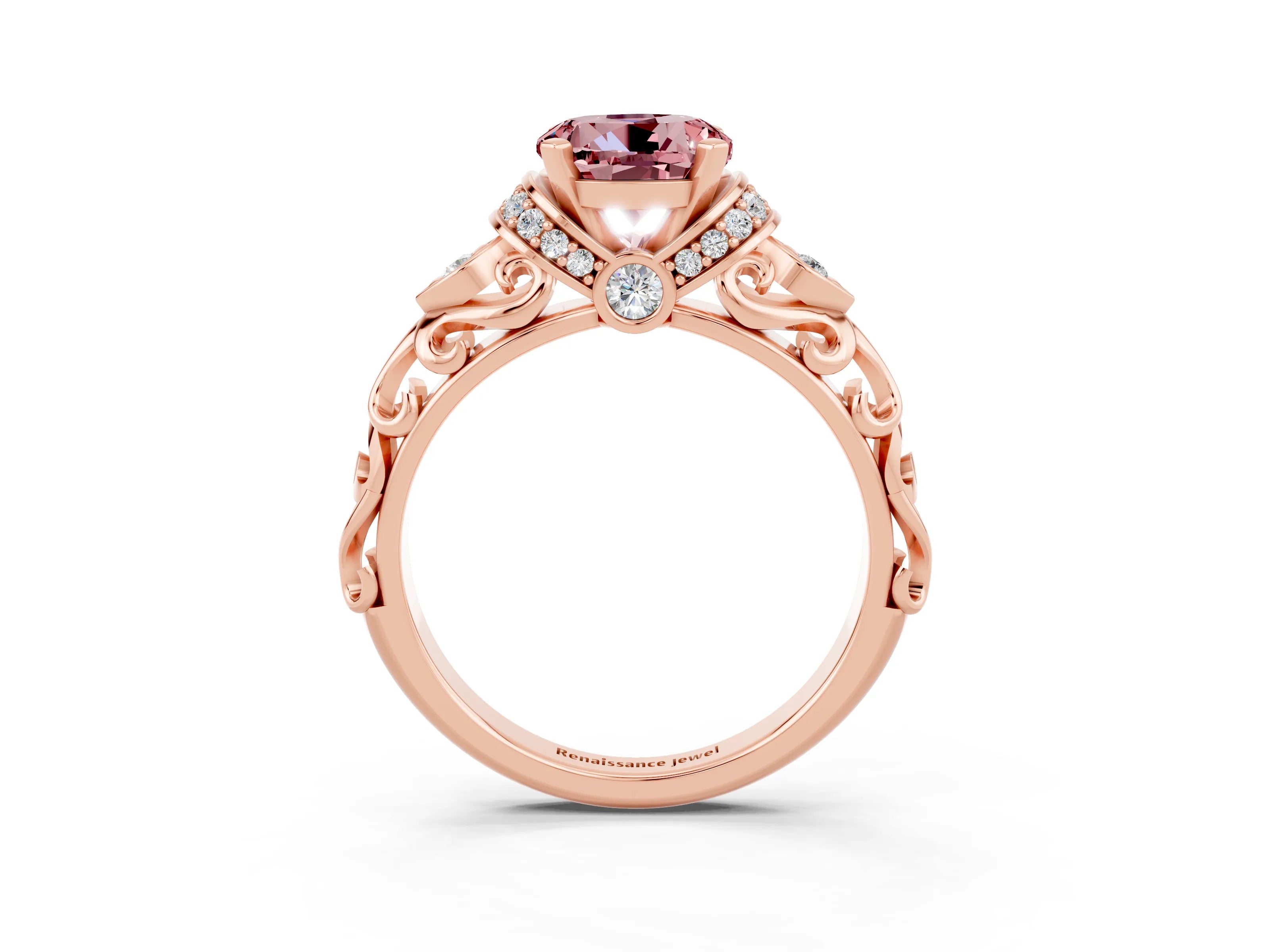 Rose gold Round Cut Morganite Solitaire Ring with Filigree Band and Four-Prong Setting_27