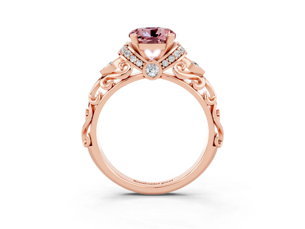 Rose gold Round Cut Morganite Solitaire Ring with Filigree Band and Four-Prong Setting