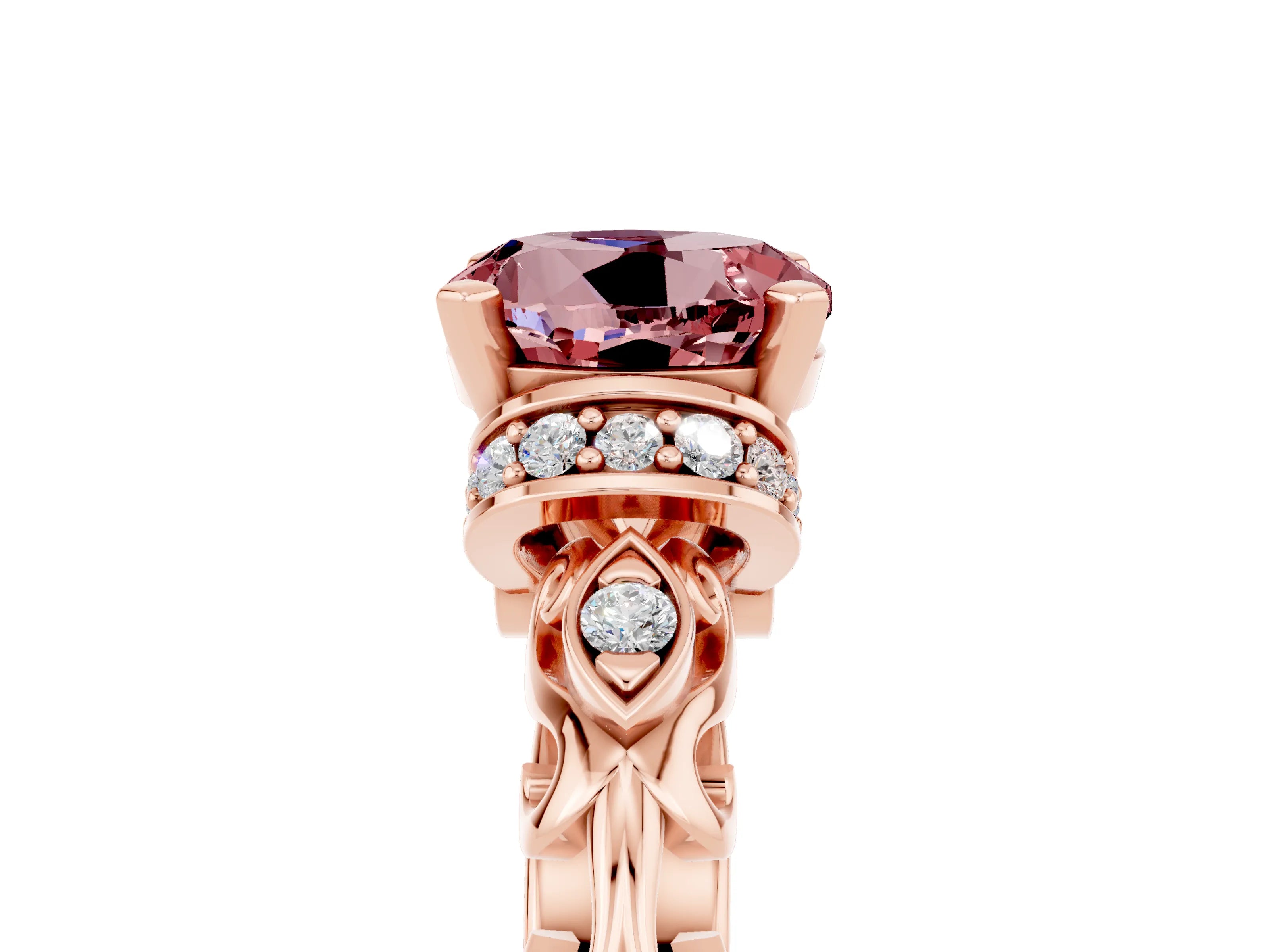 Rose gold Round Cut Morganite Solitaire Ring with Filigree Band and Four-Prong Setting_29