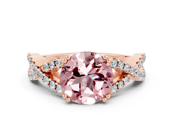 Rose gold Round Cut Morganite Solitaire Ring with Four-Prong Setting and Twisted Pavé Band