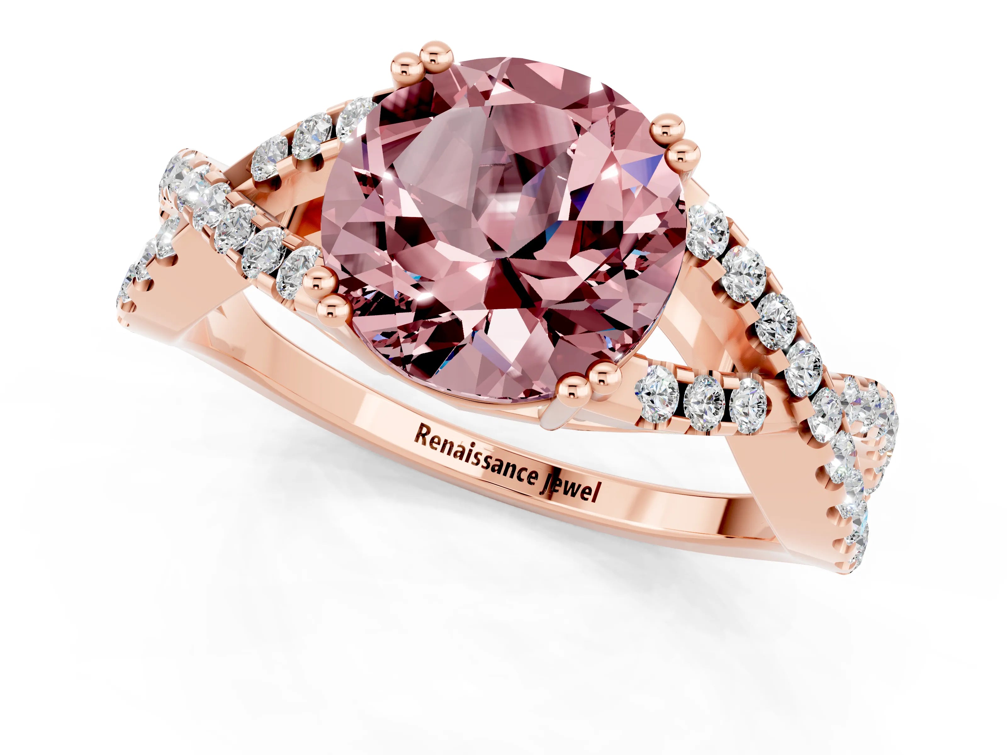 Rose gold Round Cut Morganite Solitaire Ring with Four-Prong Setting and Twisted Pavé Band_1