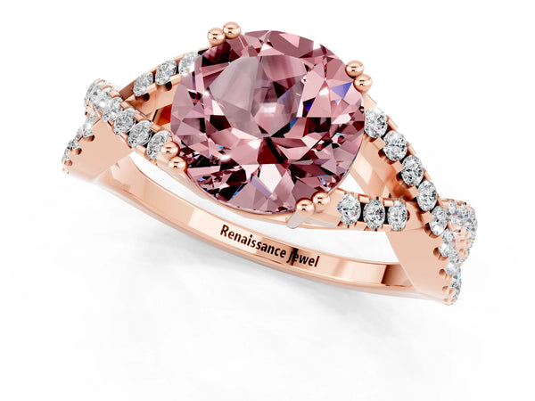 Rose gold Round Cut Morganite Solitaire Ring with Four-Prong Setting and Twisted Pavé Band