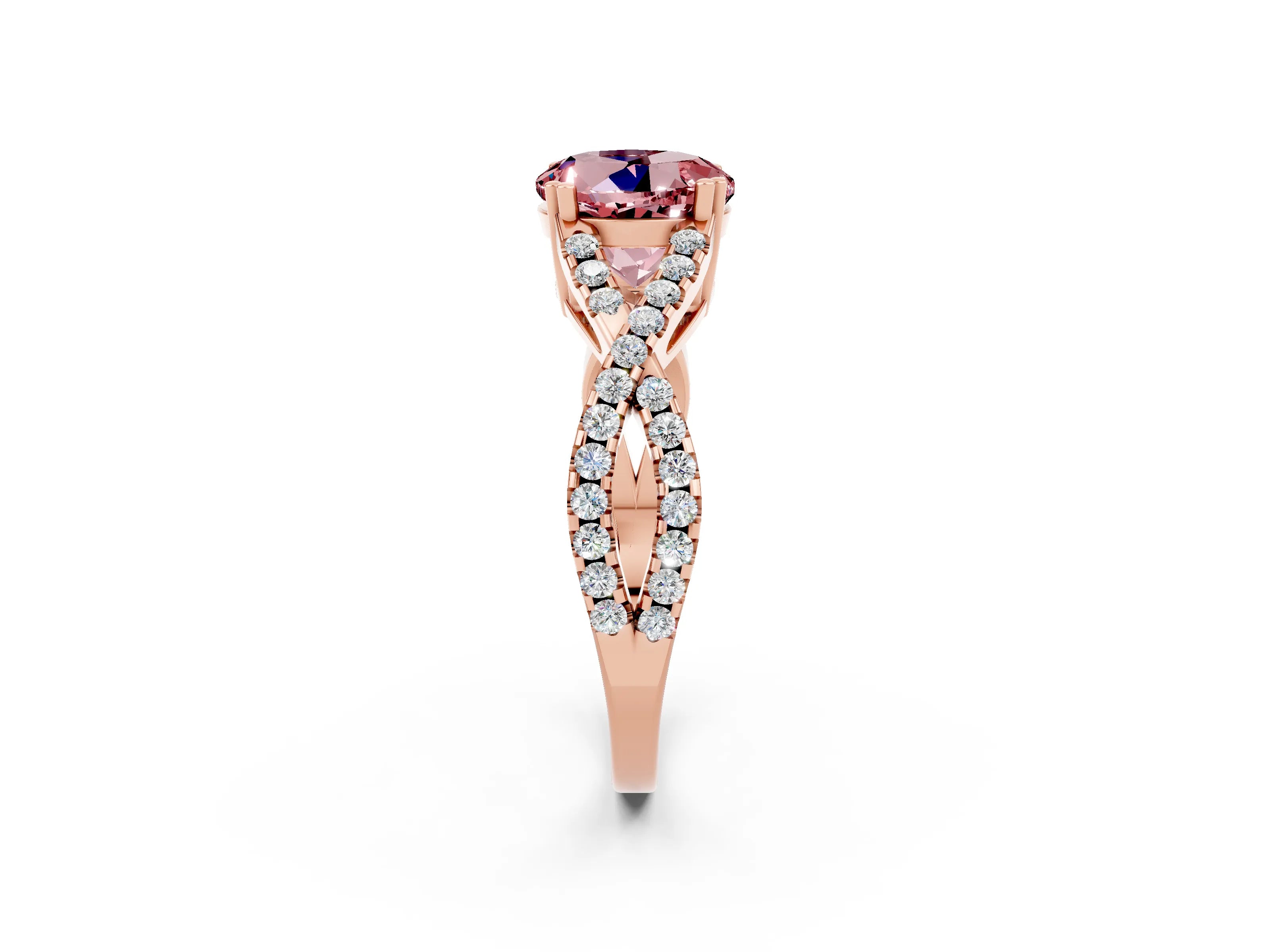 Rose gold Round Cut Morganite Solitaire Ring with Four-Prong Setting and Twisted Pavé Band_2