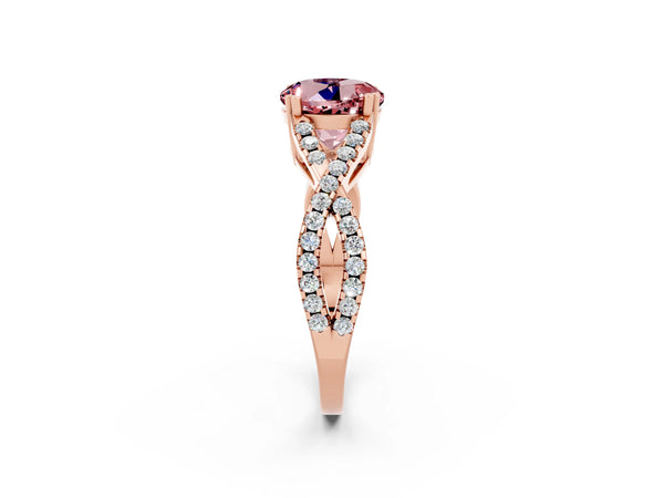Rose gold Round Cut Morganite Solitaire Ring with Four-Prong Setting and Twisted Pavé Band