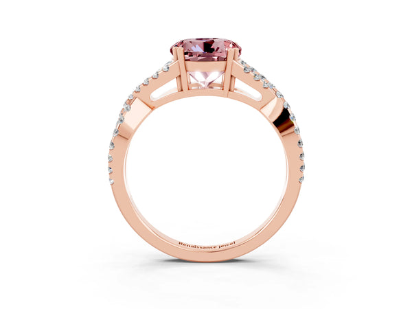 Rose gold Round Cut Morganite Solitaire Ring with Four-Prong Setting and Twisted Pavé Band