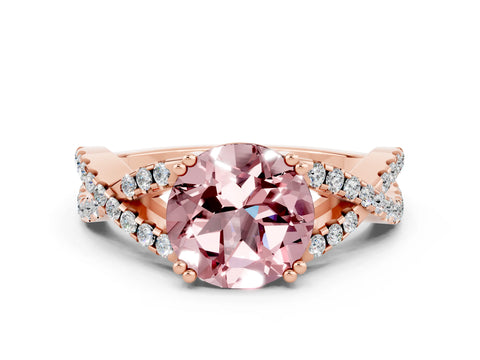 Rose gold Round Cut Morganite Solitaire Ring with Four-Prong Setting and Twisted Pavé Band